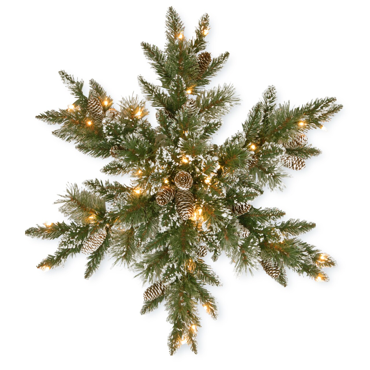 National Tree Company Pre-Lit Artificial Christmas Star Wreath, Green, Glittery Bristle Pine, Warm White Lights, LED, Battery Operated, Timer, Decorated with Pine Cones, Frosted Branches, 32 Inches